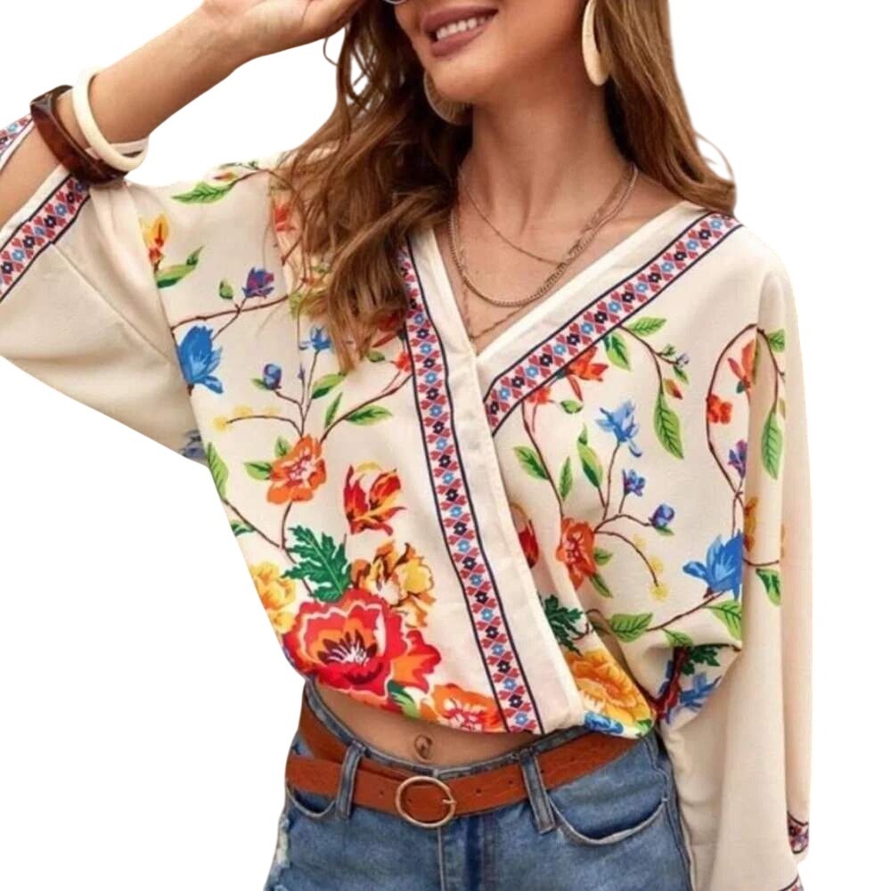 Flying Tomato Women's M Cream Floral Kimono Wrap Crop Top Polyester